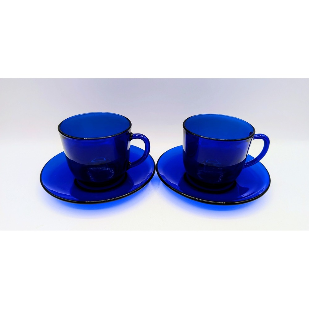 Vereco France Cobalt Blue Glass Teacup and Saucer Set of 2 Vintage MCM